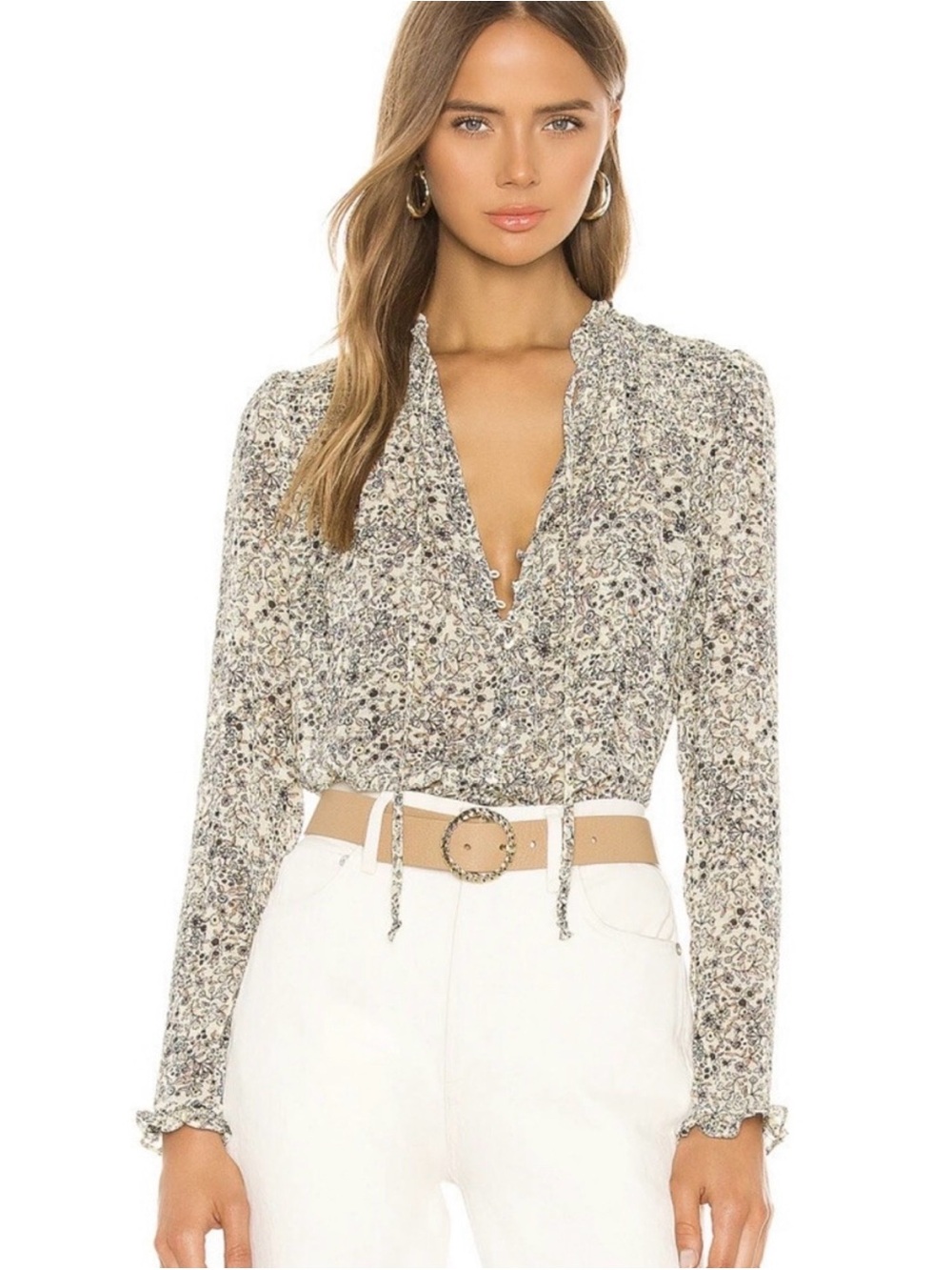 Free People Cream Floral Long-Sleeve Peasant Blouse